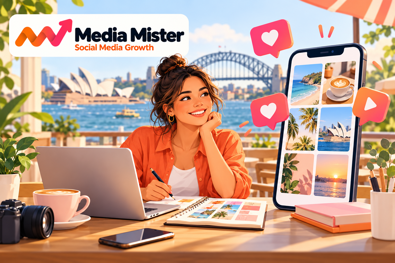 Media Mister branded illustration of a creator planning social media content beside Sydney Harbour